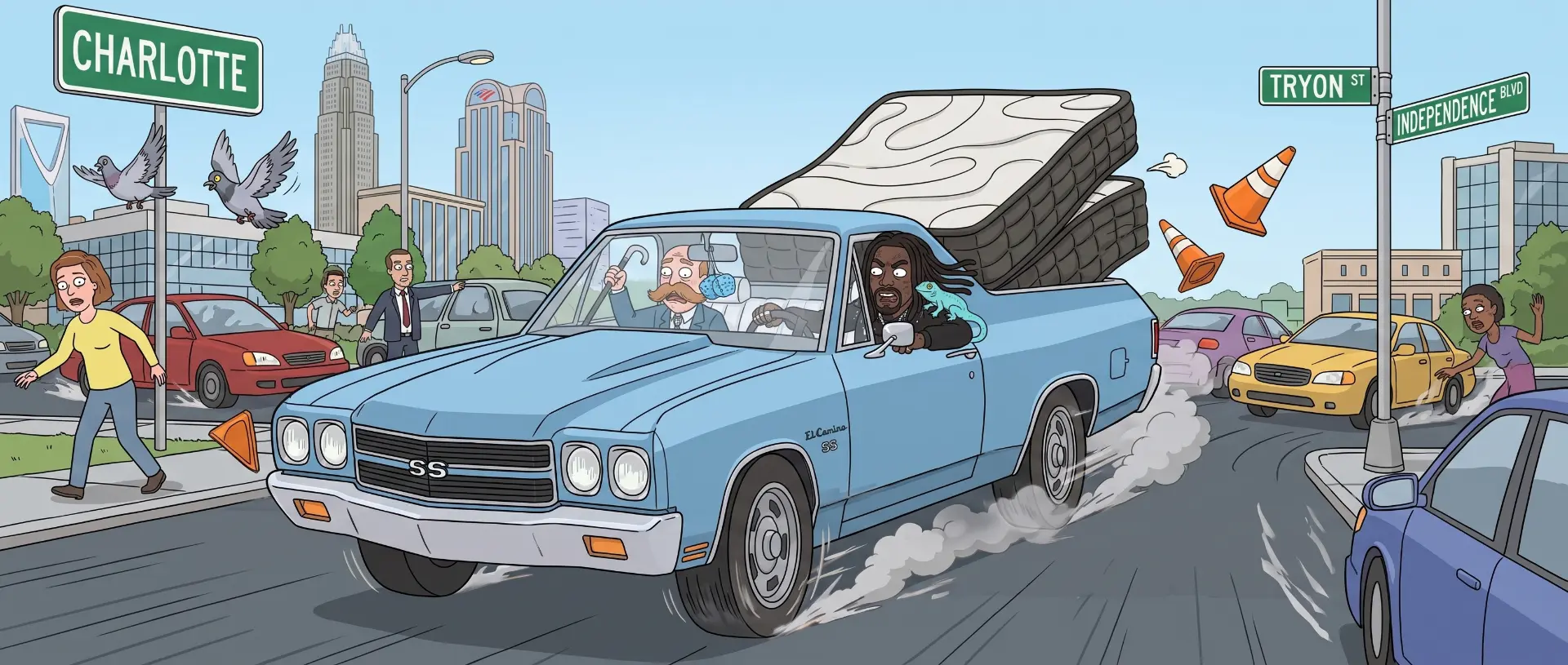 Illustrated Charlotte street scene: brand mascots Darius and Buford in their blue El Camino carrying mattresses