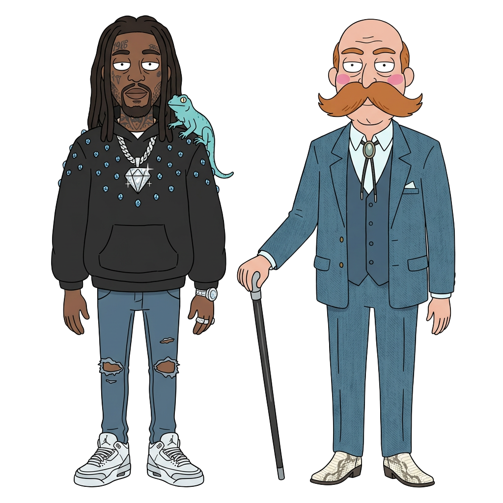 Illustrated company mascots: Darius, with his turquoise lizard, and Buford, with his signature mustache and blue suit